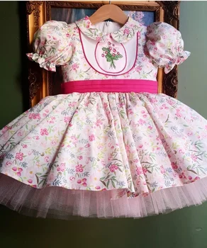 0-12Y Baby Girl Vasaros Pink Gėlių Gėlių Siuvinėjimas turkijos Derliaus Lolita Princess Kamuolys Suknelė, Suknelė, už Gimtadienio, Kalėdų Eid