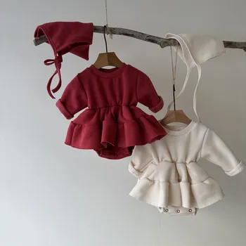 2023 Žiemos New Baby Girl Plius Aksomo Storio Bodysuit + Hat Naujagimių ankstyvos vaikystės Mergina Šiltas Jumpsuit Suknelė Kūdikių Vilnos Drabužius 0-24M