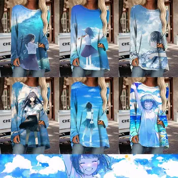 Anime Merginos Moterų Pagrindinės O-Kaklo Marškinėliai ilgomis Rankovėmis Japonijos Streetwear Tshirts Animacinių filmų Topai Tees Moterų Drabužių, Negabaritinių