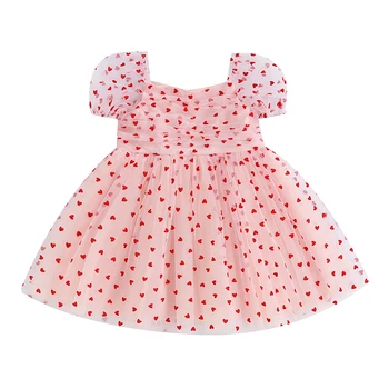 Bamblys Kūdikių Mergaičių Tutu Suknelė Širdies Spausdinti Sluoksniuotos Rankovėmis Tiulio Suknelė Vasaros Princess Gimtadienio Suknelės