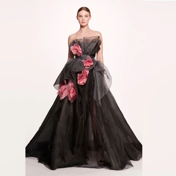 Elegantiška Juodos-line Ilgai Prom Chalatai Su Subtilus 3D Gėlių Stebėjimo Nuotakos Šalis Suknelės Moterims Maxi Suknelė