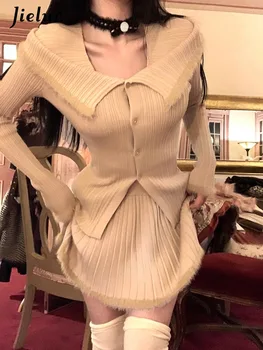 Jielur Plonas Megztas Tinka Moterims Korėjos Outwear Atsitiktinis Ilgomis Rankovėmis Megztinis + Office Lady Padengti Sijonas 2 Gabalas, Sijonai, Komplektai Pavasario