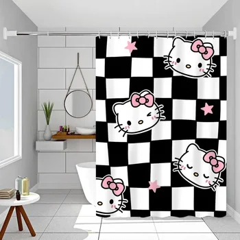 Kawaii Sanrios Hello Kitty Animacinių filmų Dušo Užuolaidos Juoda ir Balta Užuolaida Vandeniui Poliesterio Vonios Užuolaidėlės su Kabliukais Dovana