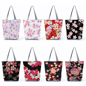 Pečių Maišą Moterų Bakalėja Užsakymą Gėlių Raštas Pirkinių Krepšys Gana Japonų Stiliaus Cherry Blossom Spausdinti Rankinės, Sulankstomas
