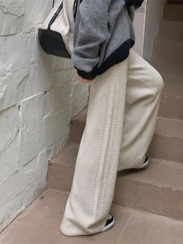 Rudenį, Žiemą Megztinius Pločio Kojų Kelnės Moterims Sutirštės Aukšto Juosmens Atsitiktinis Tiesios Kelnės Office Lady Mados Streetwear Kelnės