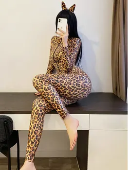 Sexy Moteris Dirbtiniais Latekso PU Leopard Blizga Visas Bodysuit Seksualus apatinis Trikotažas Stora Atvira Tarpkojo Elastinga Jumpsuit Tvarstis Vienas Gabalas Loetard