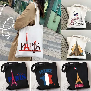 Sveiki Paryžiaus Eifelio Bokštas Prancūzijos Miestas, Žymus Širdies Prancūzijos Vėliava Žemėlapis Europoje Kelionės Art Canvas Tote Krepšiai Shopper Medvilnės Rankinės