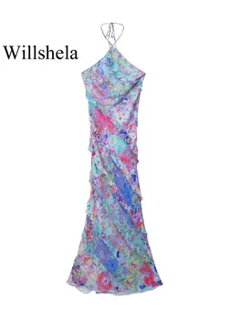 Willshela Moterų Mados Tiulio Spausdintos Kelių Sluoksnių Susiėmę Backless Midi Suknelė Vintage Apynasrio Kaklo Moterų Prašmatnus Mergina Suknelės