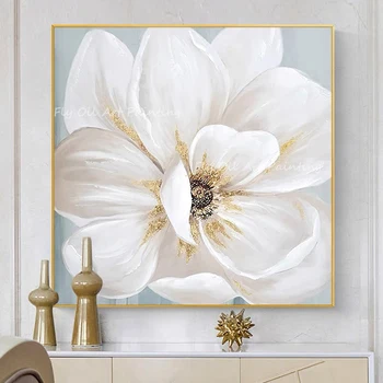 100% Rankų darbo baltą gėlę aukso folija nuotrauką sienos meno kūrinius Naftos Tapyba Ant Drobės namų puošybai