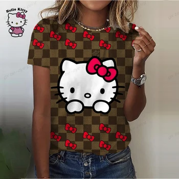 2023 moteriški marškinėliai Vasaros Hello Kitty 3D Spausdinimo Trumpas rankovės Tees Mados Atsitiktinis marškinėliai Moterims Kasdien Gatvėje Moterų Tee